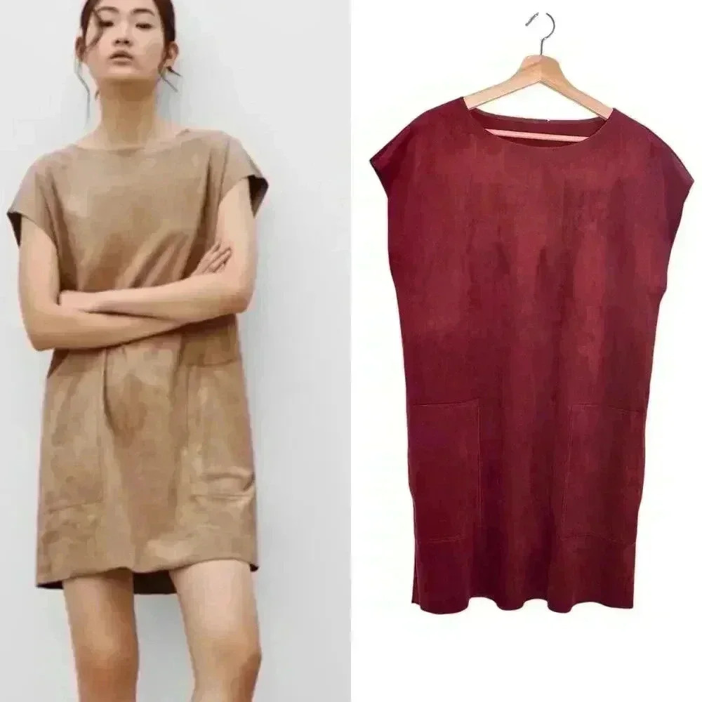 Aritzia Wilfred Free Nori Shift Dress Faux Suede Bohemian | Red‎ Brown | SZ L